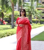 Red Banglori Silk Blend Woven Saree Festive Wear