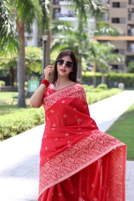 Red Banglori silk blend Blend Woven Saree Festive Wear 4