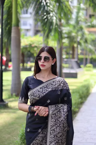 Black Banglori silk blend Blend Woven Saree Festive Wear
