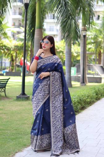 Blue Banglori Silk Blend Woven Saree Festive Wear