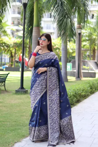 Blue Banglori Silk Blend Woven Saree Festive Wear