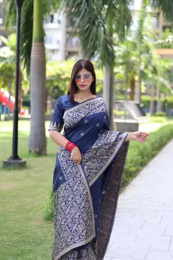 Blue Banglori silk blend Blend Woven Saree Festive Wear