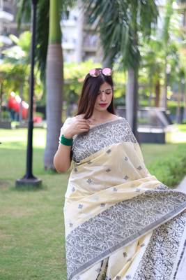 Cream Banglori silk blend Blend Woven Saree Festive Wear 4