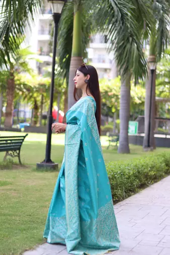Sky Blue Banglori silk blend Blend Woven Saree Festive Wear