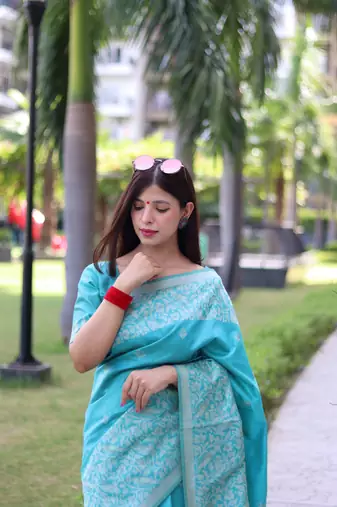 Sky Blue Banglori silk blend Blend Woven Saree Festive Wear