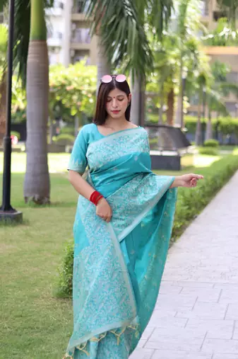Sky Blue Banglori silk blend Blend Woven Saree Festive Wear