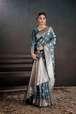 teal silk laheriya saree with designer pallu  2