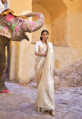 Rajtex Off White Woven Zari Silk Saree With Blouse 1