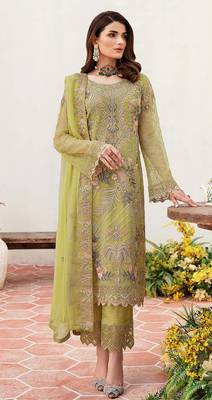 Lemon embroidered faux georgette semi stitched salwar suit 1