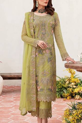 Lemon Embroidered Faux Georgette Semi Stitched Salwar Suit