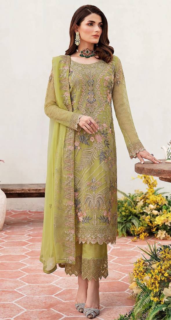 Lemon Embroidered Faux Georgette Semi Stitched Salwar Suit