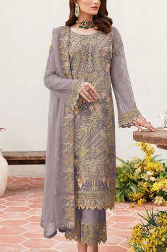 Lavender embroidered faux georgette semi stitched salwar suit