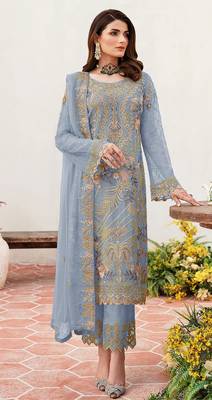 Light blue embroidered faux georgette semi stitched salwar suit 1