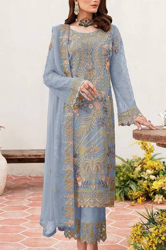 Light blue embroidered faux georgette semi stitched salwar suit