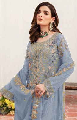 Light blue embroidered faux georgette semi stitched salwar suit 3