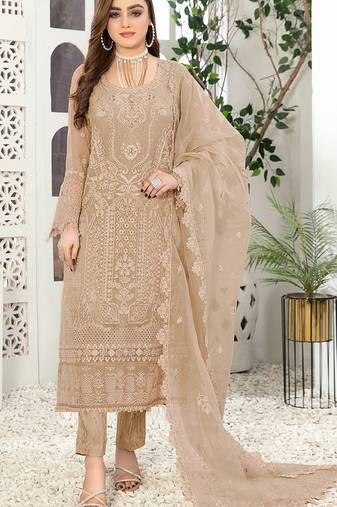 Light brown embroidered faux georgette semi stitched salwar suit