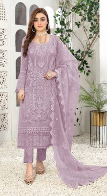 Lavender embroidered faux georgette semi stitched salwar suit 1