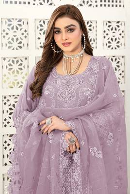 Lavender embroidered faux georgette semi stitched salwar suit 3