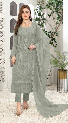Grey embroidered faux georgette semi stitched salwar suit 1