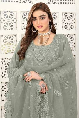 Grey embroidered faux georgette semi stitched salwar suit 3