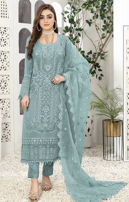 Light blue embroidered faux georgette semi stitched salwar suit 1