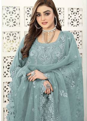 Light blue embroidered faux georgette semi stitched salwar suit 3