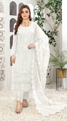White Embroidered Faux Georgette Semi Stitched Salwar Suit 1