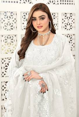 White Embroidered Faux Georgette Semi Stitched Salwar Suit 3