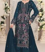 Teal embroidered faux georgette semi stitched salwar suit