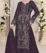 Wine embroidered faux georgette semi stitched salwar suit