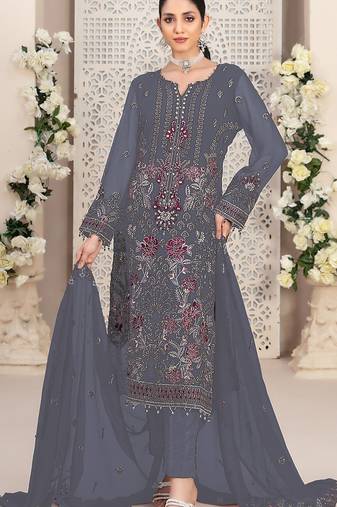 Grey embroidered faux georgette semi stitched salwar suit