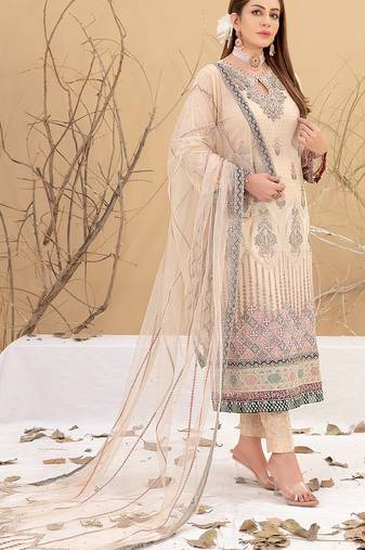 Cream embroidered faux georgette semi stitched salwar suit
