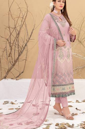 Light pink embroidered faux georgette semi stitched salwar suit