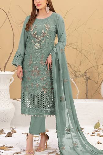 Light green embroidered faux georgette semi stitched salwar suit