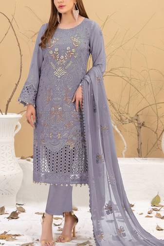 Lavender embroidered faux georgette semi stitched salwar suit