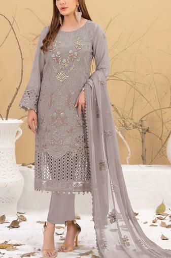 Grey embroidered faux georgette semi stitched salwar suit