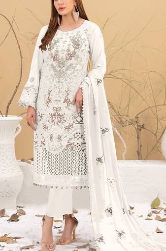 White embroidered faux georgette semi stitched salwar suit