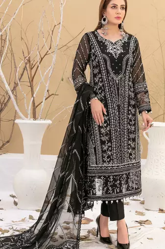 Black embroidered faux georgette semi stitched salwar suit
