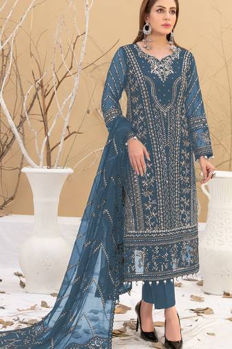 Blue embroidered faux georgette semi stitched salwar suit