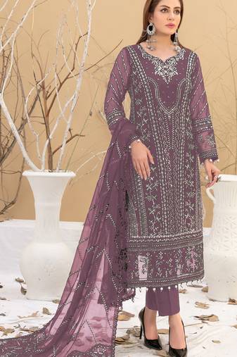 Purple embroidered faux georgette semi stitched salwar suit