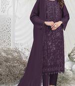 Wine embroidered faux georgette semi stitched salwar suit