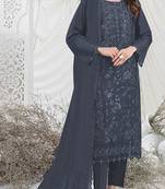 Dark grey embroidered faux georgette semi stitched salwar suit