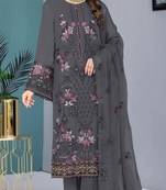 Grey embroidered faux georgette semi stitched salwar suit