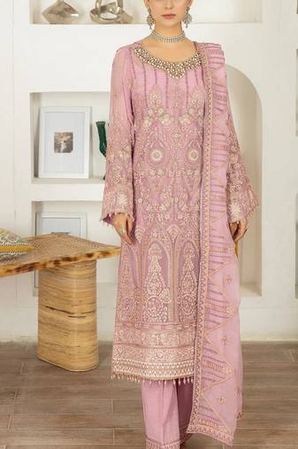 Light pink embroidered faux georgette semi stitched salwar suit