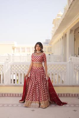 MESMERIZING RED SEQUINS EMBROIDERED VISCOSE JACQUARD LEHENGA CHOLI FOR FESTIVE 1