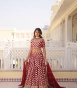 MESMERIZING RED SEQUINS EMBROIDERED VISCOSE JACQUARD LEHENGA CHOLI FOR FESTIVE