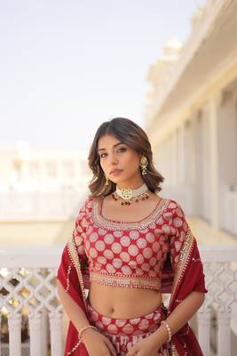 MESMERIZING RED SEQUINS EMBROIDERED VISCOSE JACQUARD LEHENGA CHOLI FOR FESTIVE 2