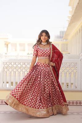 MESMERIZING RED SEQUINS EMBROIDERED VISCOSE JACQUARD LEHENGA CHOLI FOR FESTIVE 3