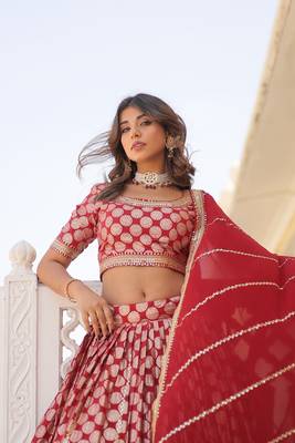 MESMERIZING RED SEQUINS EMBROIDERED VISCOSE JACQUARD LEHENGA CHOLI FOR FESTIVE 4