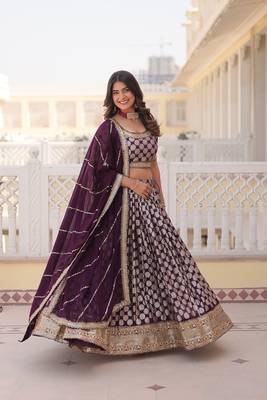 MESMERIZING WINE SEQUINS EMBROIDERED VISCOSE JACQUARD LEHENGA CHOLI FOR WEDDING 1